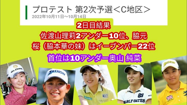 2022女子ゴルフプロテスト2次C地区の2日目結果。佐渡山理莉2アンダー10位。脇元 桜（脇本華の妹）はイーブンパー22位。首位は初日に続き奥山 純菜10アンダー
